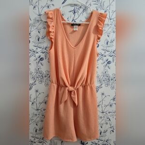 Caution To The Wind Peach Ribbed Tie-Front Romper